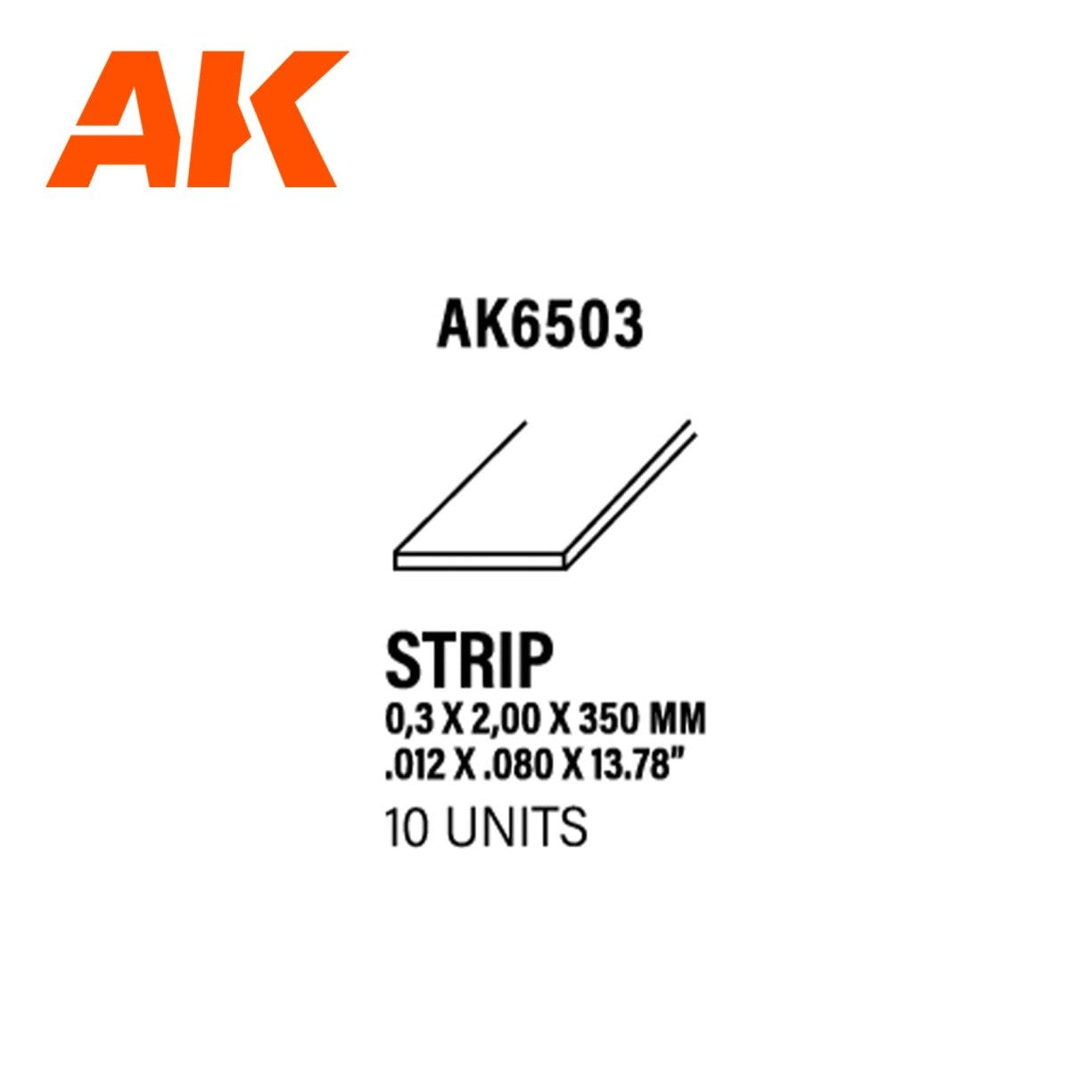 AK Interactive AK6503 styrene strip 0.3 x 2 x 350mm, ten units, profile diagram