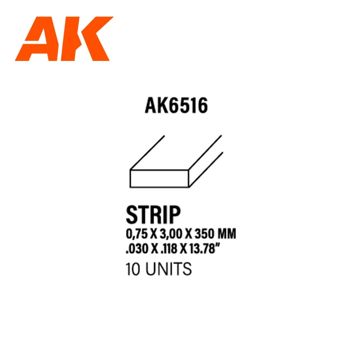 AK Interactive AK6516 styrene strip label, 0.75 x 3.00 x 350mm, 10 strips per pack