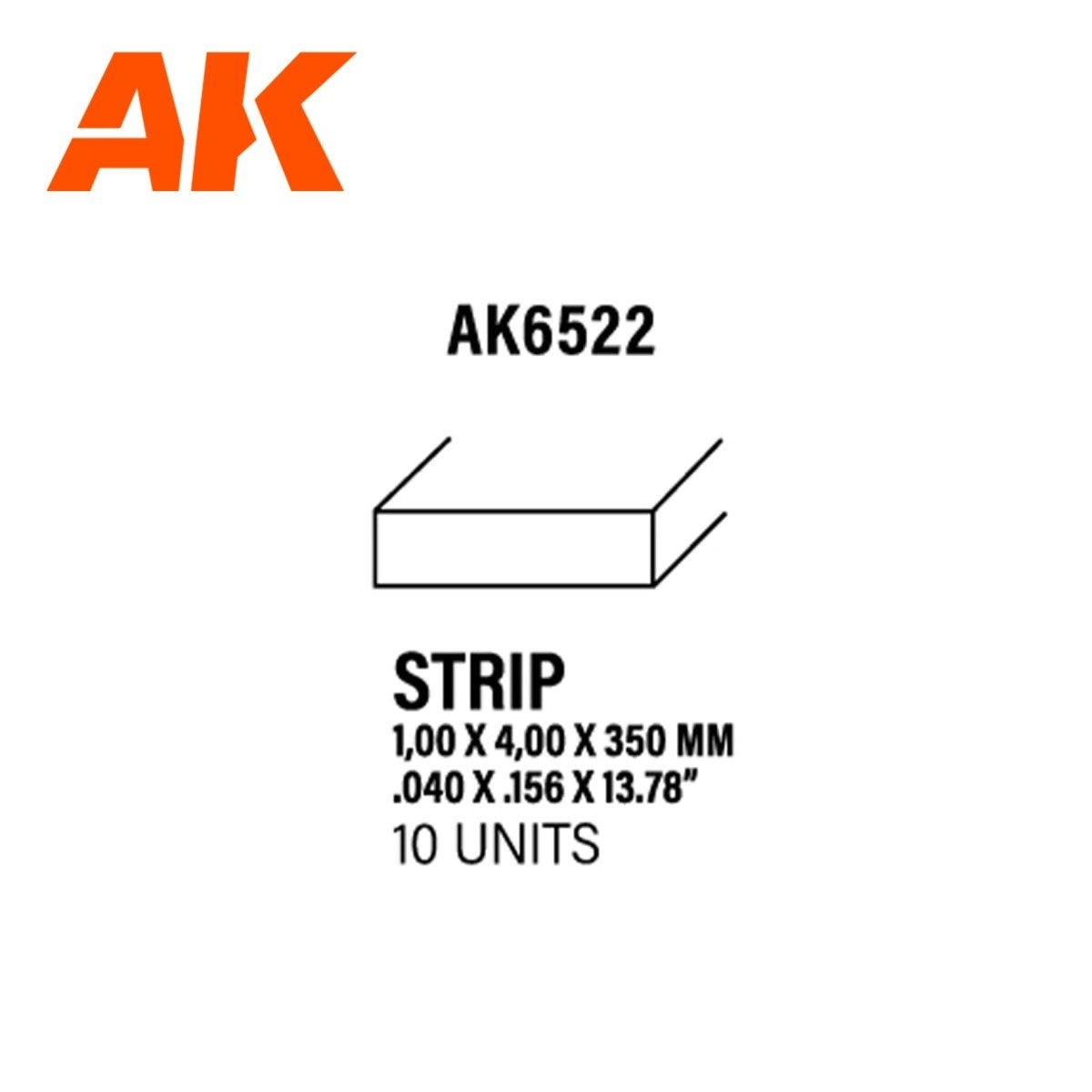 AK Interactive AK6522 styrene strip label: 1.00 x 4.00 x 350mm, 10 units, with profile diagram
