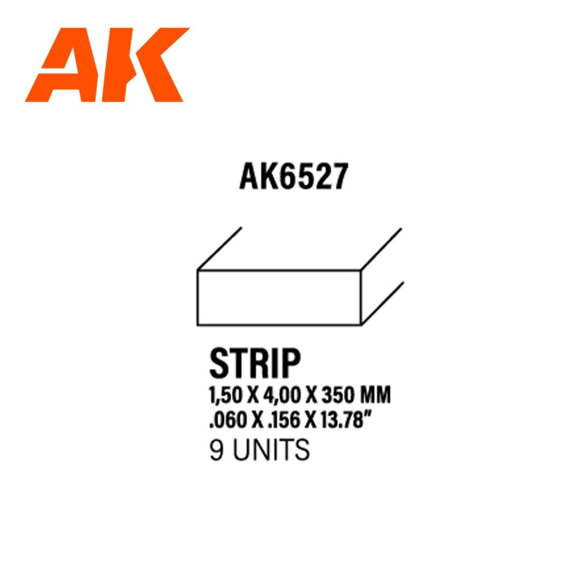 AK Interactive AK6527 styrene strip diagram, 1.50 x 4.00 x 350mm rectangular section, pack of 9 units
