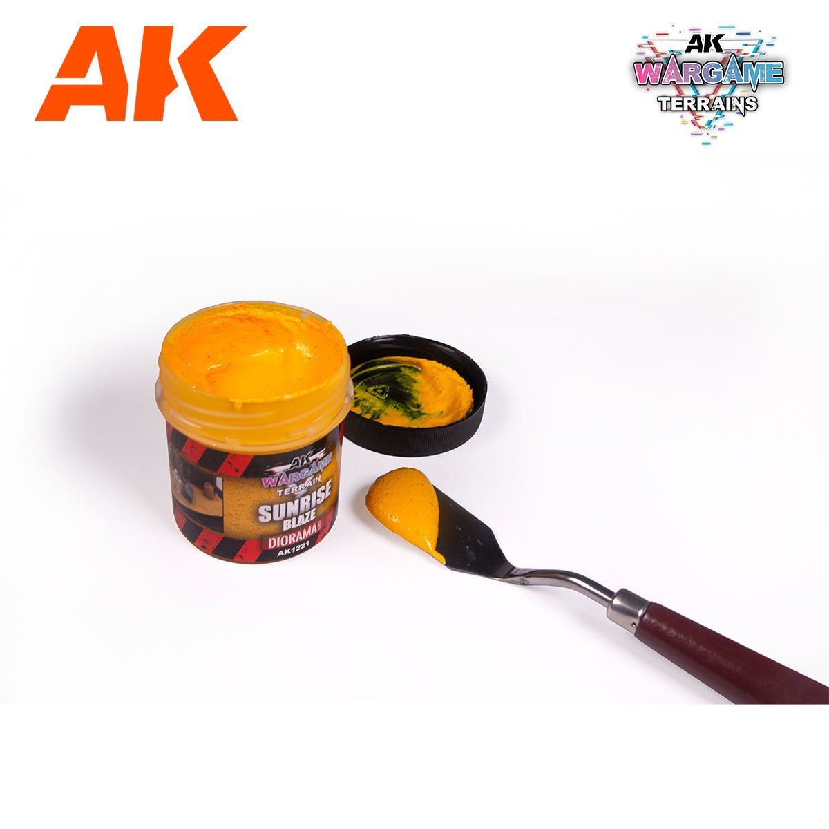 AK Interactive Wargame Terrains Sunrise Blaze 100ml textured paste in open tub with palette knife