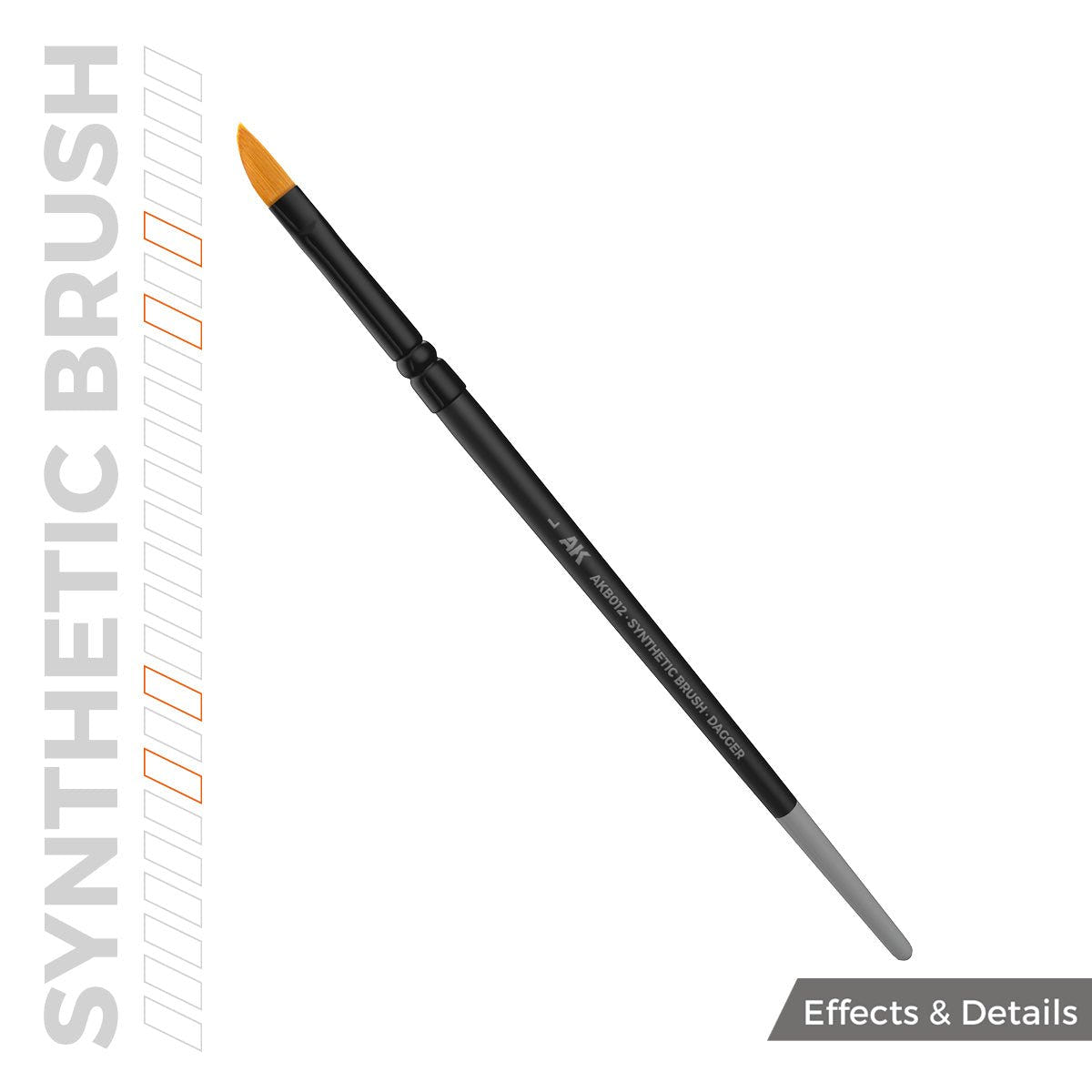 AK Interactive synthetic Dagger L brush AKB012 out of the pack, with angled orange tip and black handle
