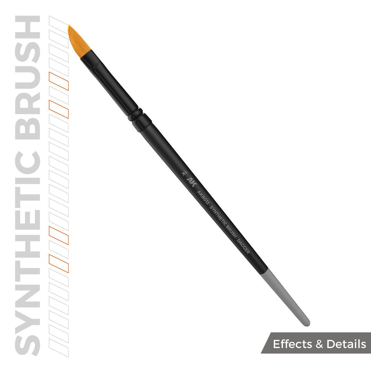 AK Interactive Dagger XL synthetic brush out of the pack, showing its angled blade-shaped tip and black handle