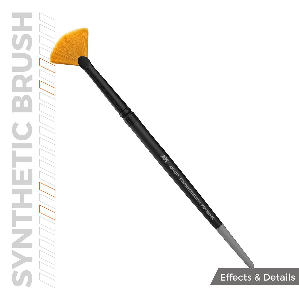 AK Interactive synthetic fan brush AKB017 out of the pack, with orange fan bristles and black handle