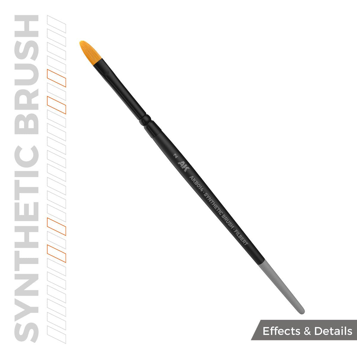 AK Interactive synthetic Filbert 2 brush out of the pack, black handle with rounded orange tip