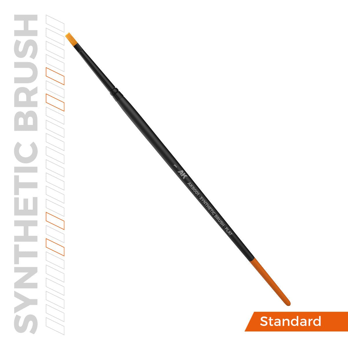 AK Interactive Flat 1 synthetic brush out of the pack, showing its square flat tip and black handle