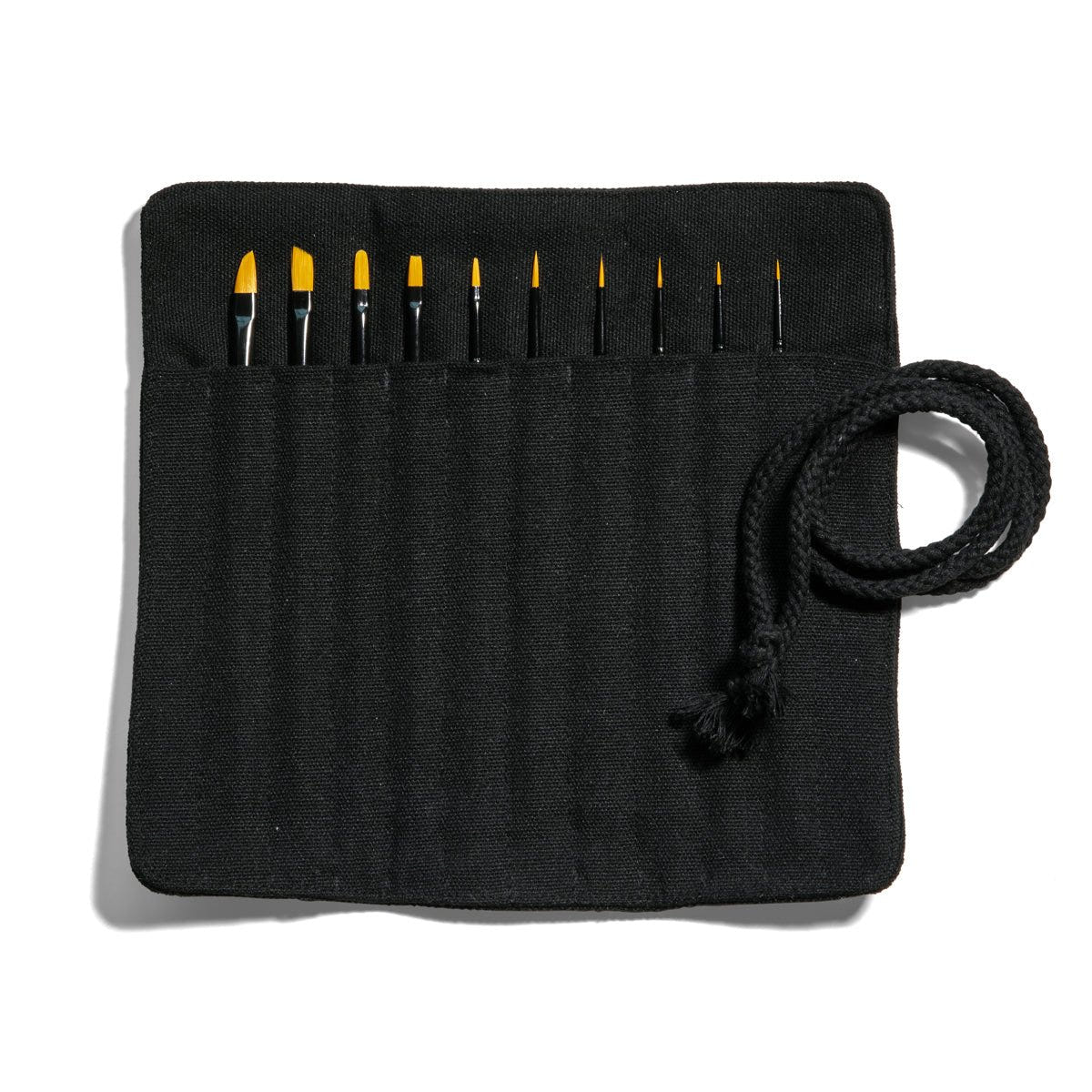 AK Interactive synthetic brushes set unrolled, ten brushes in flat, round and dagger shapes in the black case