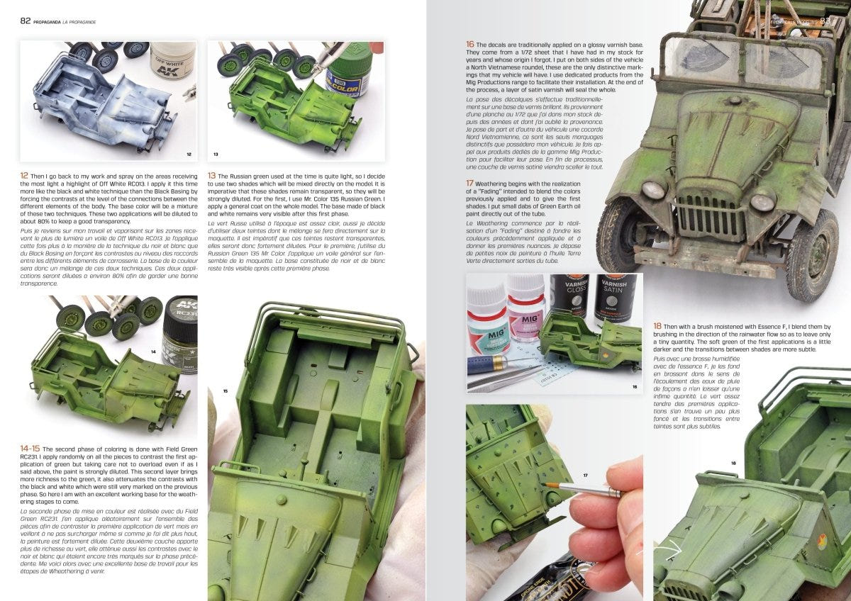 Max Lemaire technical book spread showing a green military vehicle being built and painted