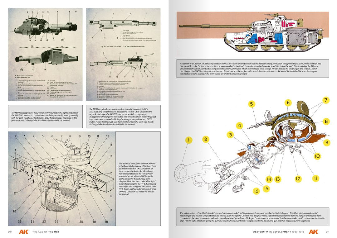 AK Interactive MBT book pages with cutaway diagrams and a colour tank profile