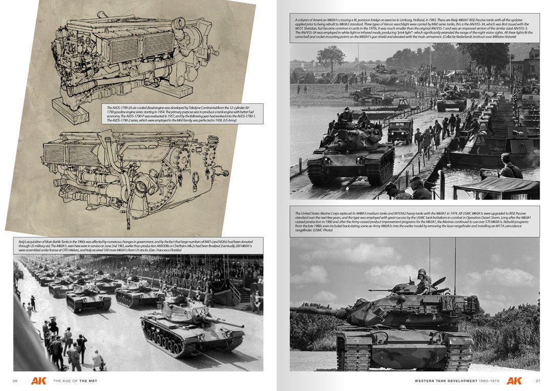 AK Interactive Main Battle Tank book pages with technical drawings and tank convoy photos
