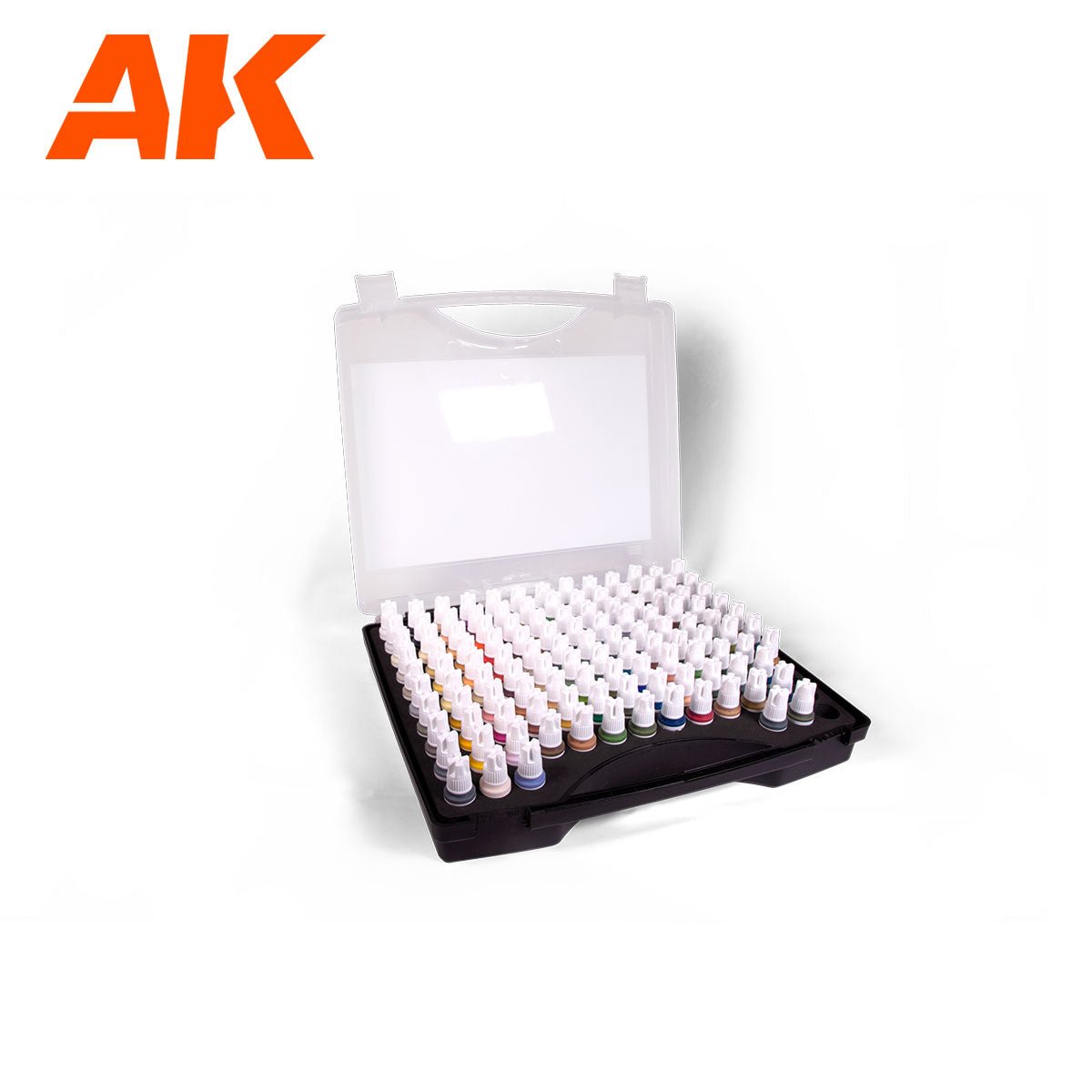 AK Interactive 120-colour figure paint set with the carry case open showing the bottles