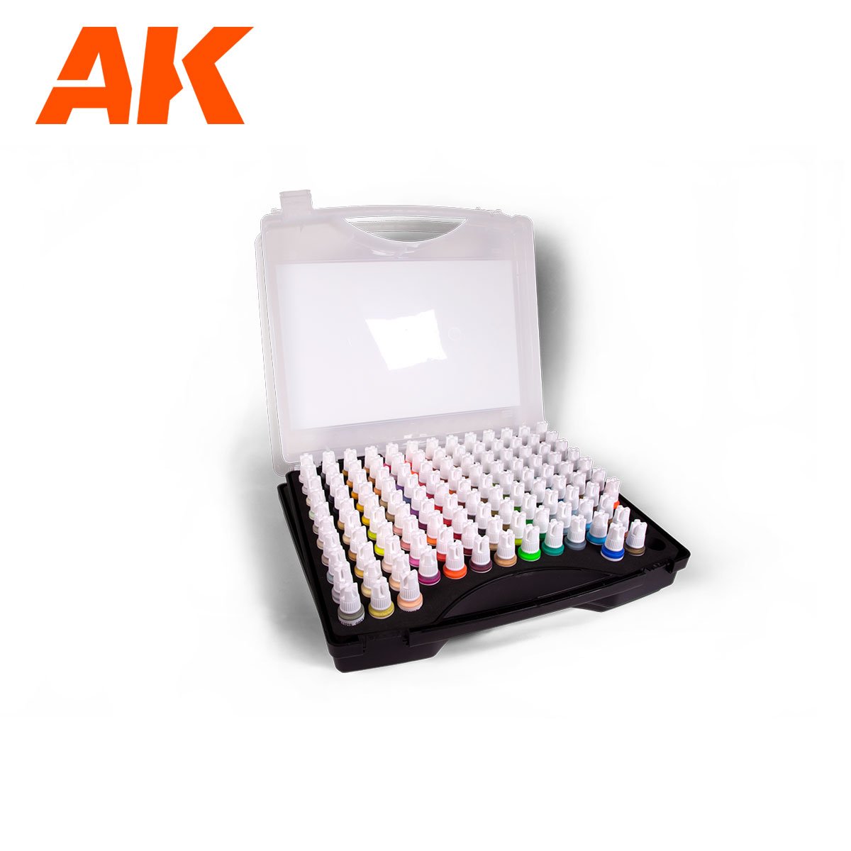 AK Interactive The Best 120 Colors carry case open, showing rows of 3rd Generation acrylic bottles