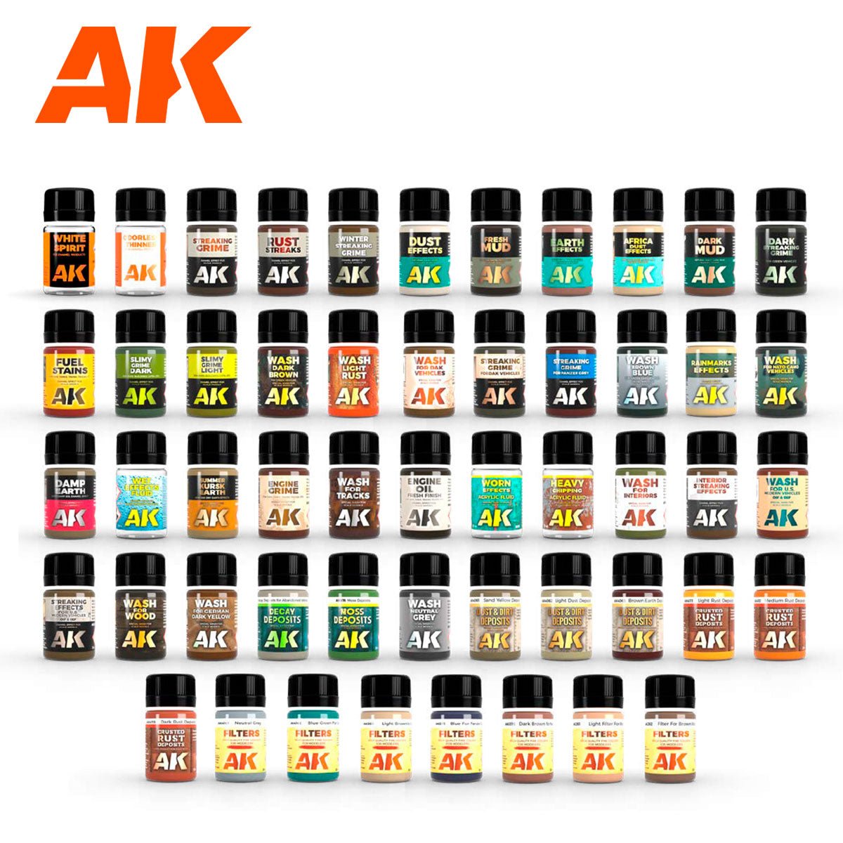 All 52 AK Interactive weathering effect bottles lined up in rows, from rust to mud and dust