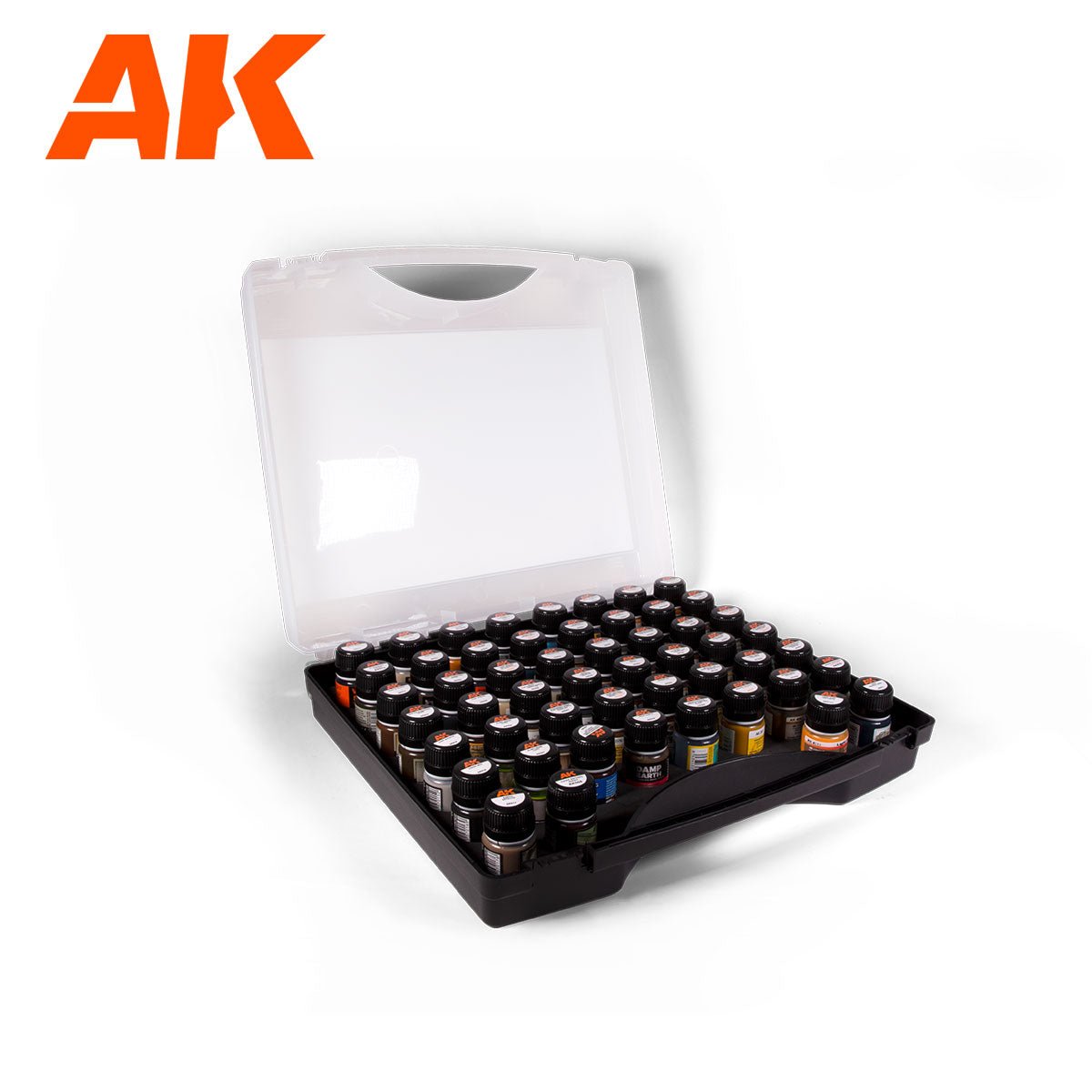 AK Interactive Best 52 Effects case open showing 52 weathering effect bottles in foam slots