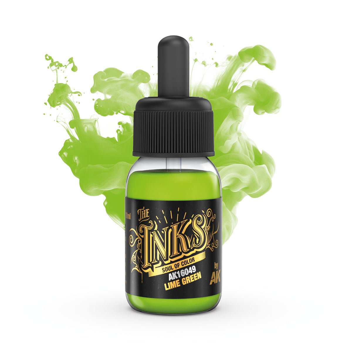 AK Interactive The Inks Lime Green bottle with green ink splash, from the Elixir Colours set