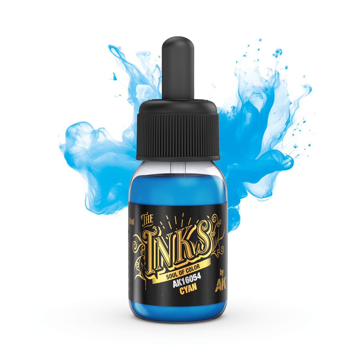 AK Interactive The Inks Cyan bottle with blue ink splash, from the Elixir Colours set