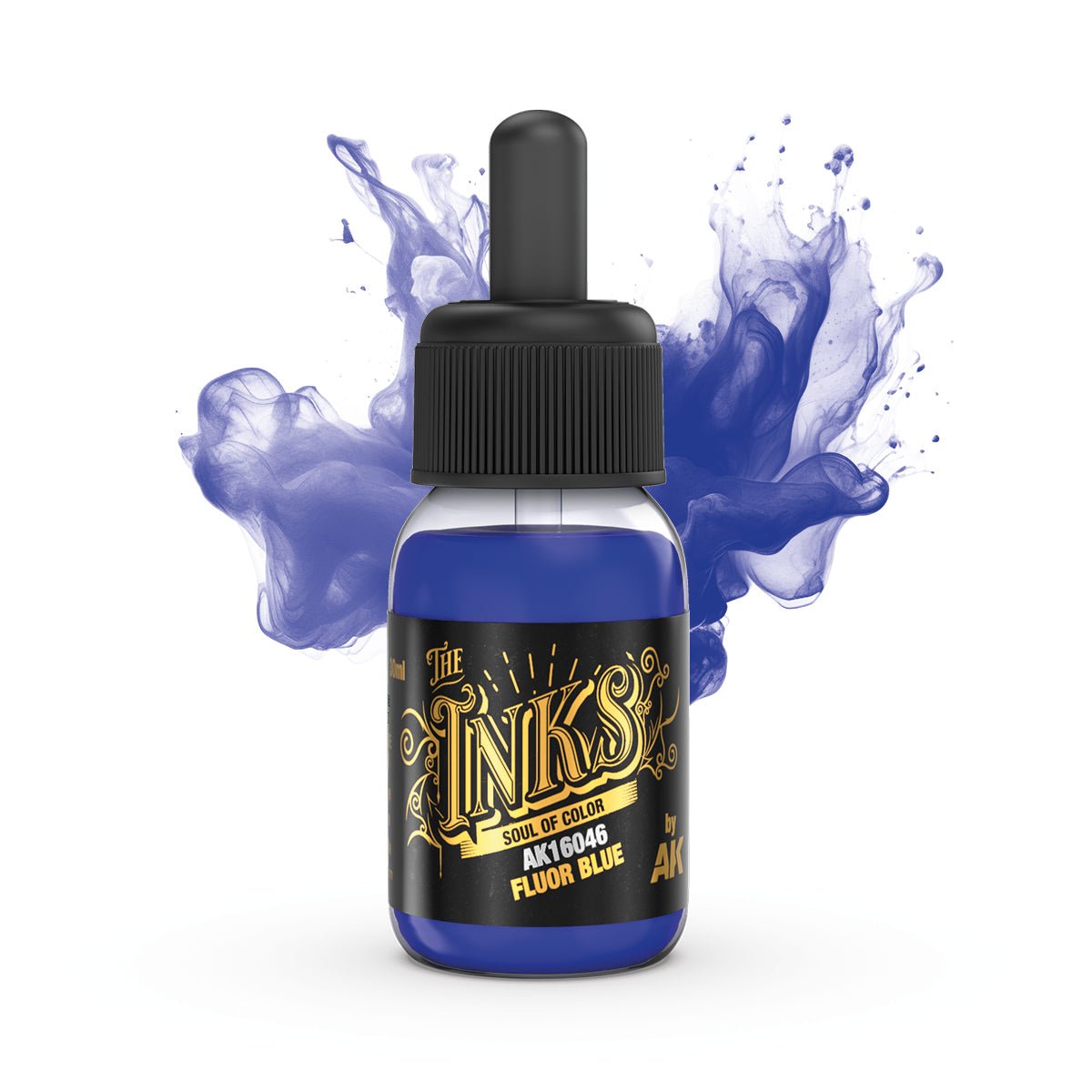 AK Interactive The Inks Fluor Blue dropper bottle with a blue ink splash