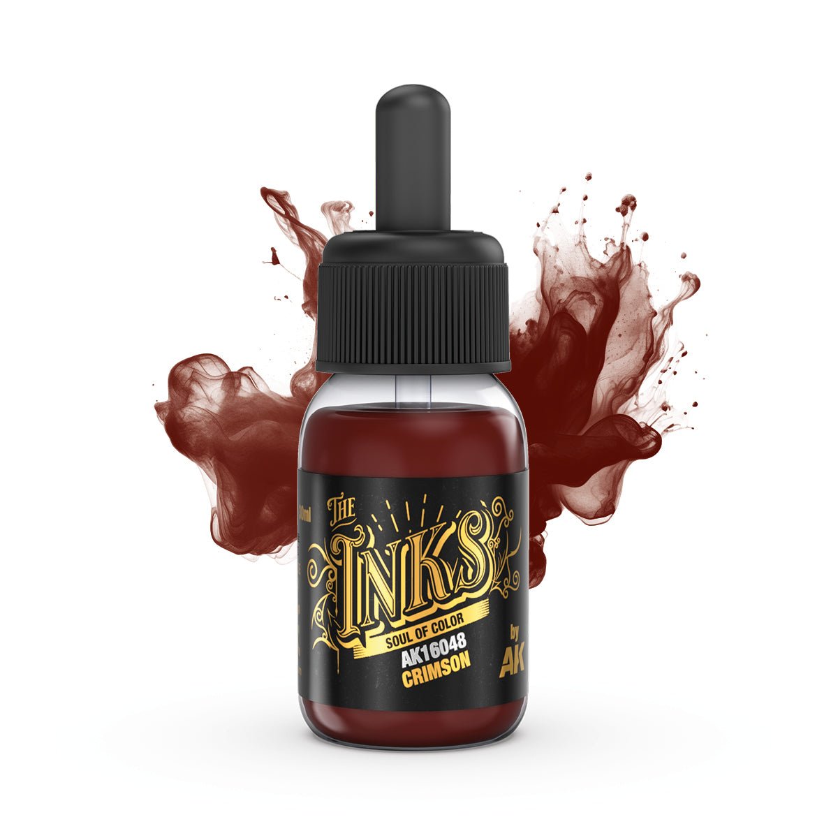 AK Interactive The Inks Crimson bottle with a dark red ink cloud, from the Spell Colours set