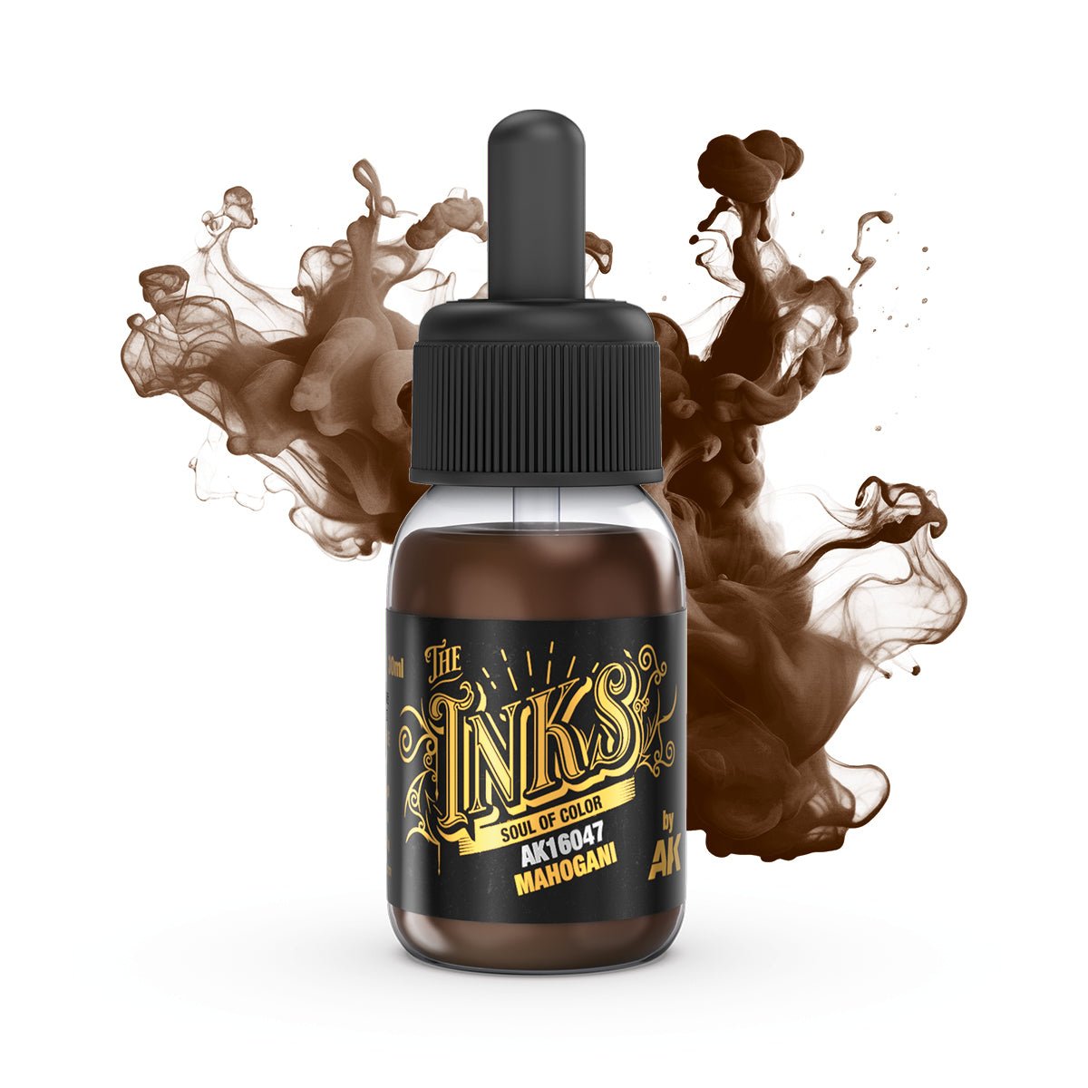 AK Interactive The Inks Mahogany AK16047 bottle with a swirl of brown ink, Timber Colours Set