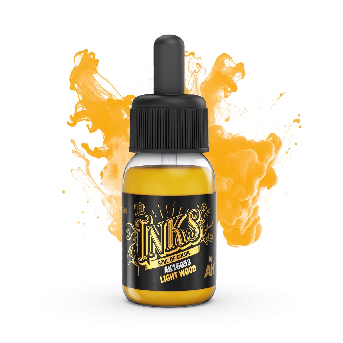 AK Interactive The Inks Light Wood bottle with a splash of yellow ink, Timber Colours Set