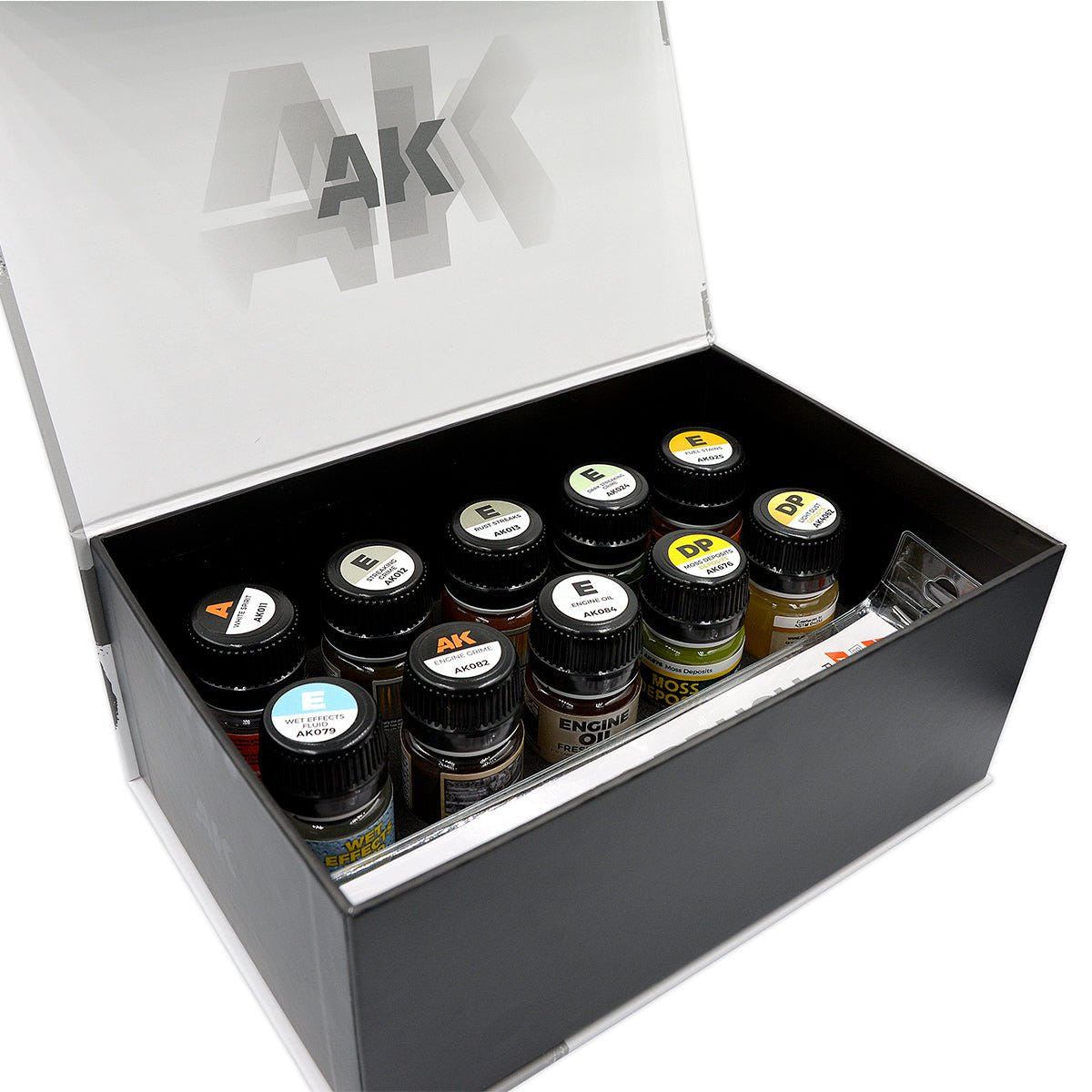AK Interactive Total Weathering Effects Set case open showing weathering jars