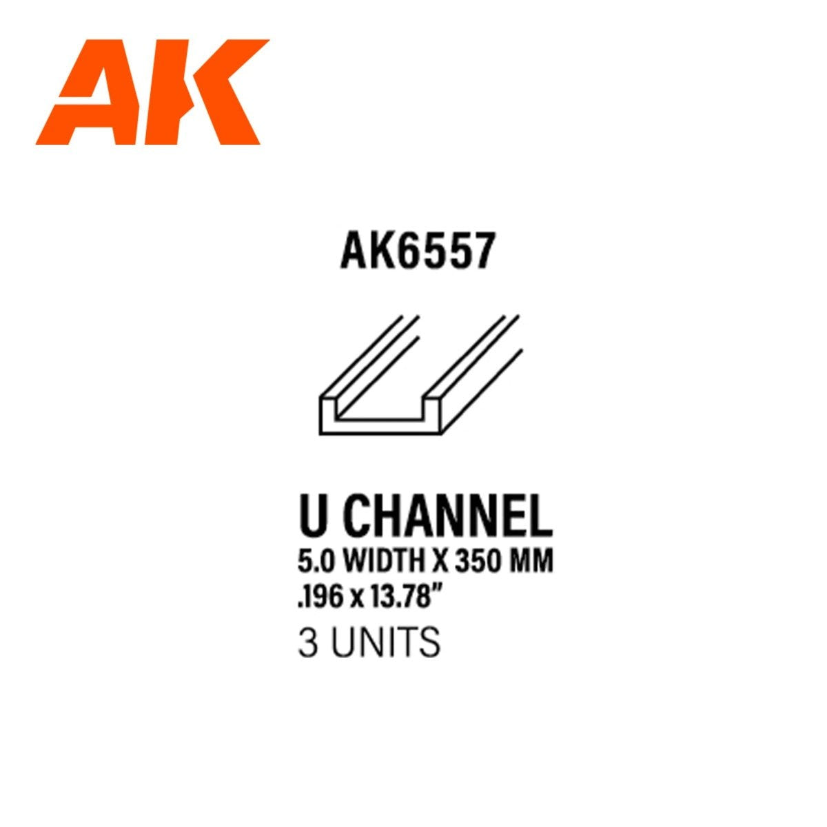 AK Interactive AK6557 U Channel label: 5.0mm width x 350mm styrene profile, 3 units