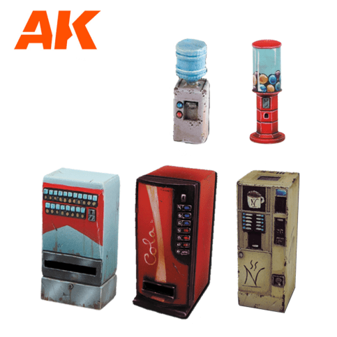 Painted resin drinks and coffee vending machines, water cooler and gumball machine from the AK set