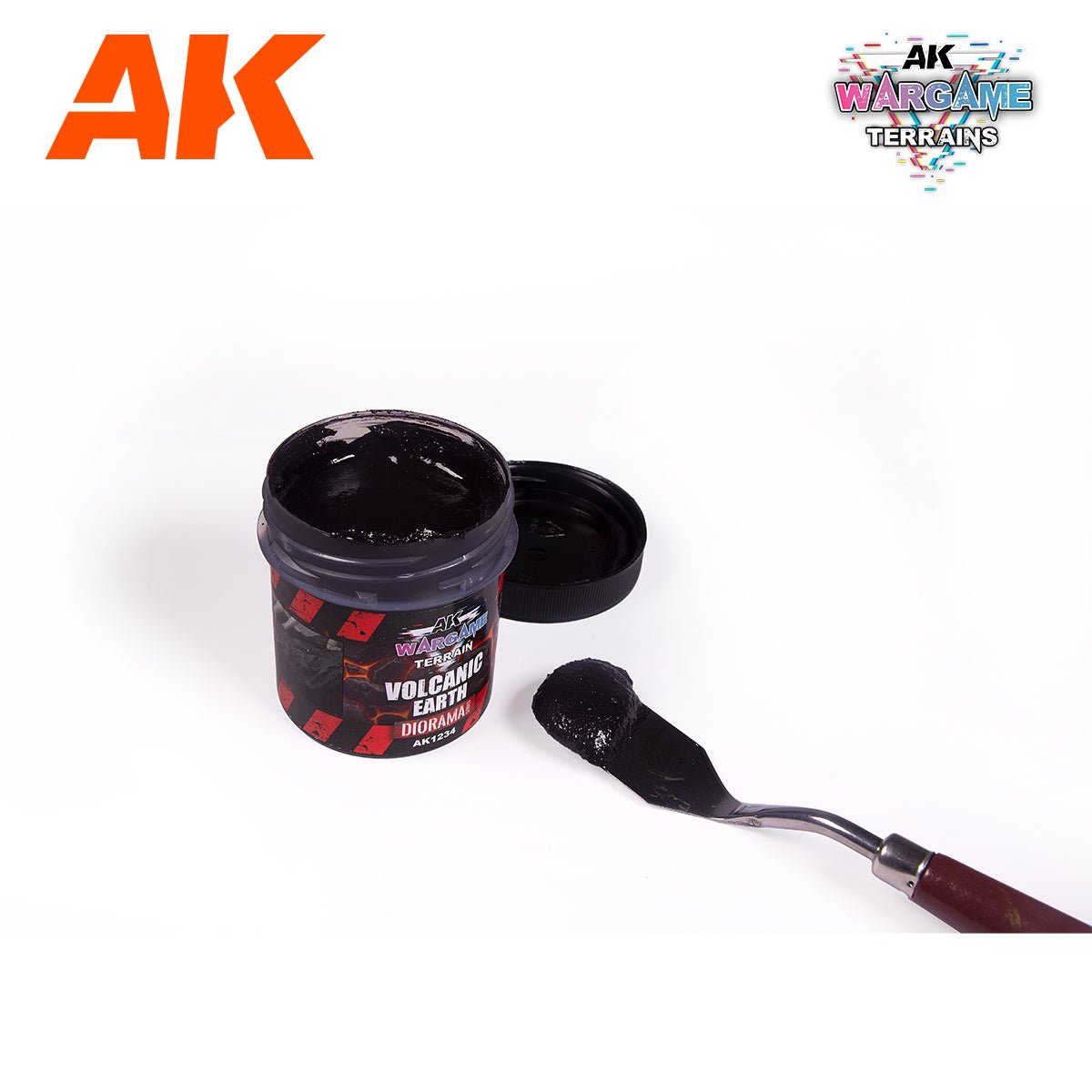 AK Interactive Wargame Terrains Volcanic Earth 100ml pot, open with texture on a spatula
