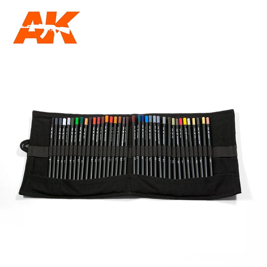 AK Interactive weathering pencils full range case unrolled, showing the complete set of colours