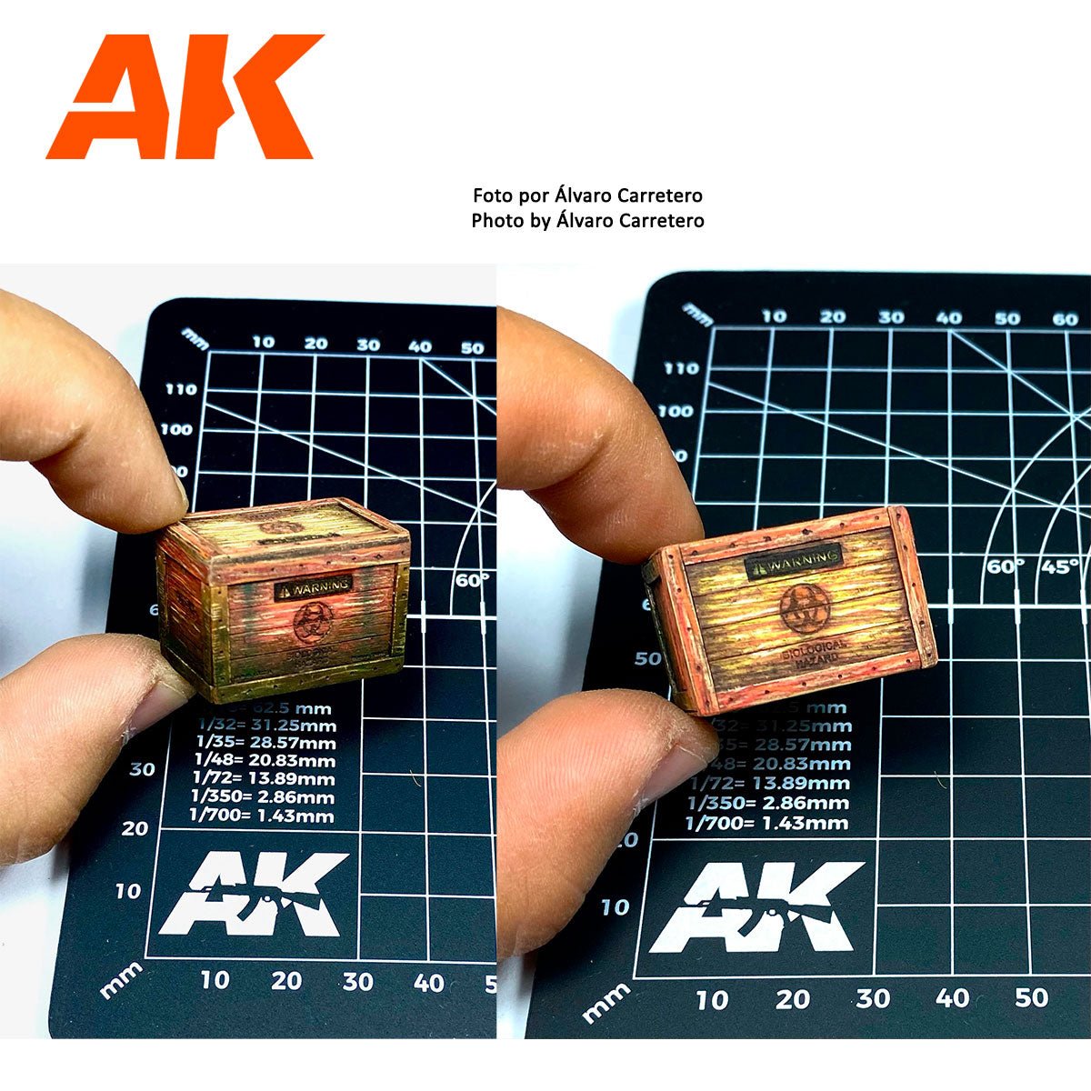 Two painted AK Interactive 1:35 wooden biohazard crates held on a cutting mat for scale