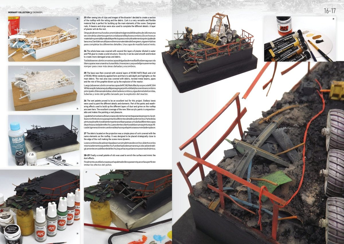 Worn Art Chernobyl pages showing a rubble diorama being built and weathered with AK paints