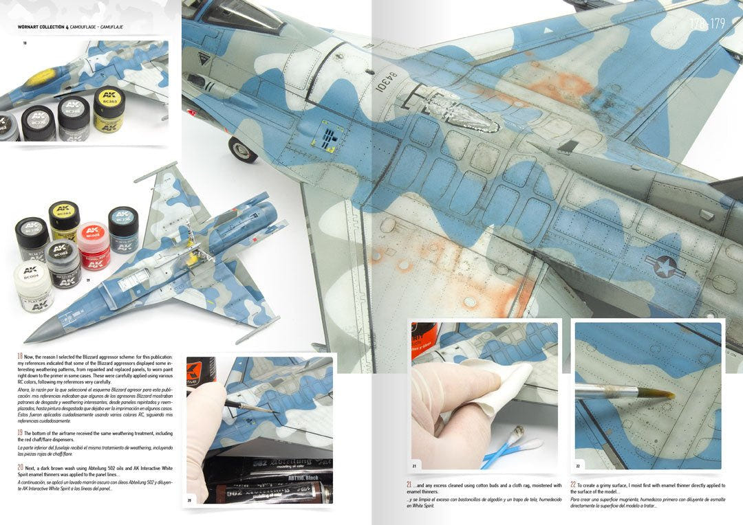 AK Interactive Worn Art Collection Issue 04 spread: blue camouflage jet fighter
