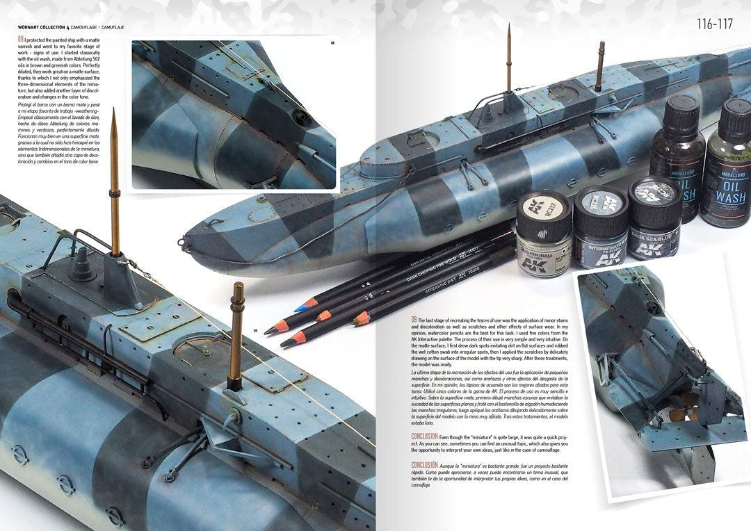 AK Interactive Worn Art Collection Issue 04 spread: blue camouflage submarine with pencils