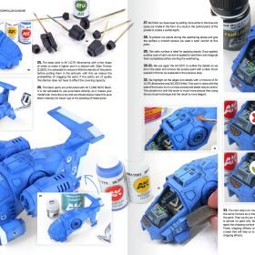 AK Learning Starship book pages on airbrushing a blue starship hull, with the paints used