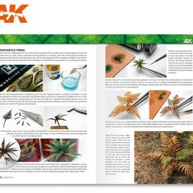 AK Learning 10 Mastering Vegetation page spread showing how to build photo-etched ferns for a diorama