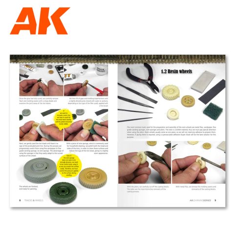 AK Learning 3 Tracks & Wheels book spread on cleaning up and assembling resin road wheels