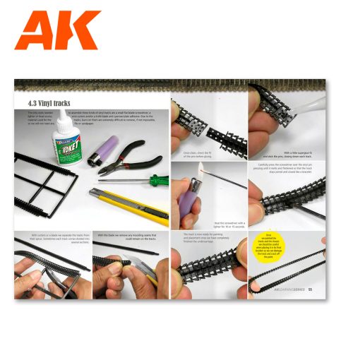 AK Learning 3 Tracks & Wheels spread on assembling vinyl tank tracks with glue and tools