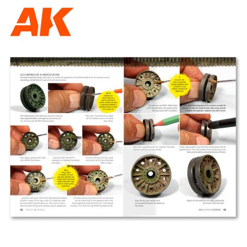 AK Learning 3 book spread with step-by-step photos of painting and chipping a tank road wheel