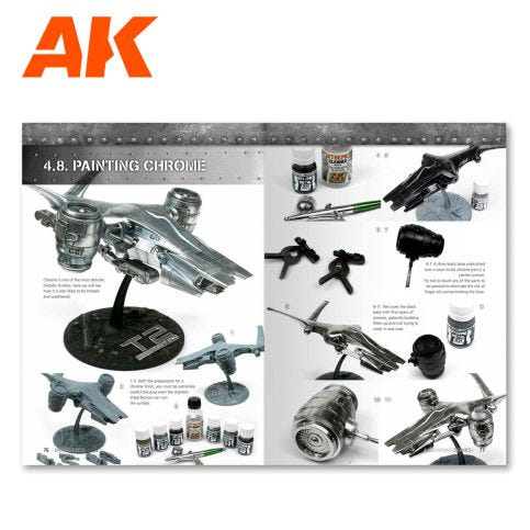 AK Learning 4 Metallics Vol 1 Painting Chrome spread with step-by-step sci-fi spacecraft models