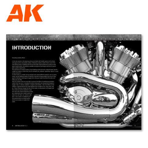 AK Learning 4 Metallics Vol 1 introduction spread with a gleaming chrome motorcycle engine