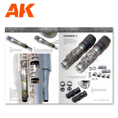 AK Learning 4 Metallics Vol 1 Engines 2 spread with step-by-step photos of painted jet engine parts