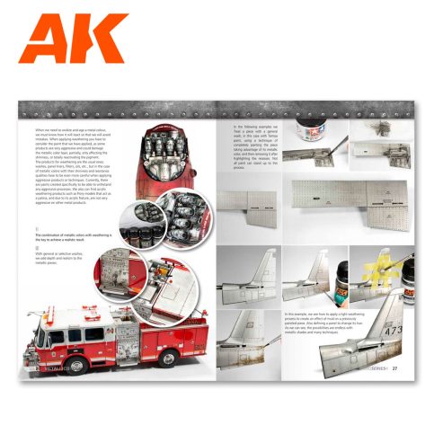 AK Learning 4 Metallics Vol 1 page spread showing a painted fire engine model and metal parts