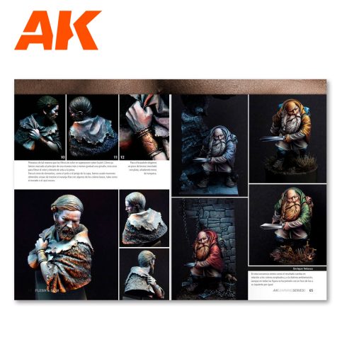 AK Learning 6 Flesh and Skin book spread showing finished dwarf and warrior busts
