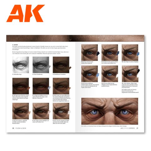 AK Learning 6 Flesh and Skin book spread with step-by-step eye and face painting