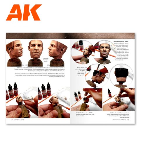 AK Learning 6 Flesh and Skin book spread with step-by-step face painting and paints used