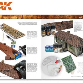 AK Learning 9 guide pages on brick walls, roof tiles and a weathered model house