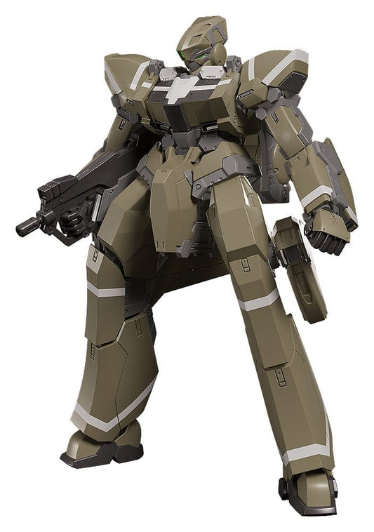 Good Smile Company Moderoid KG-7 Areion built kit in olive green holding a submachine gun