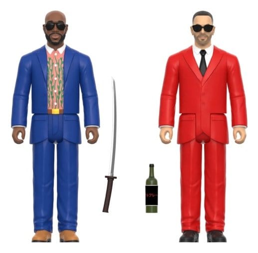 Freddie Gibbs in blue suit and The Alchemist in red suit ReAction figures with sword and bottle