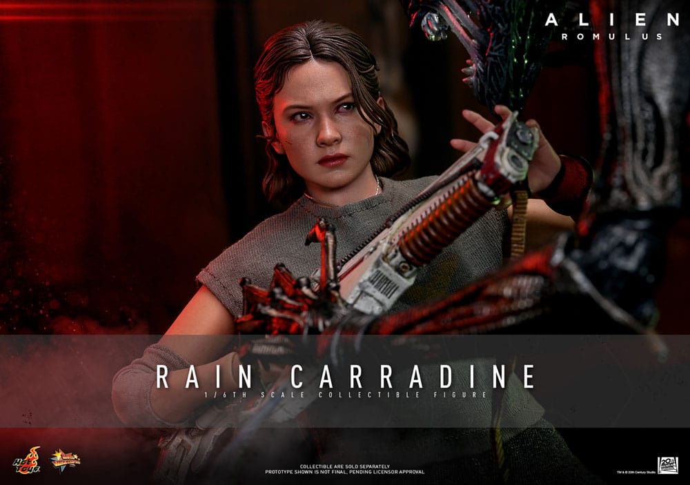 Hot Toys Alien: Romulus 1/6 Rain Carradine figure, promotional banner with rifle