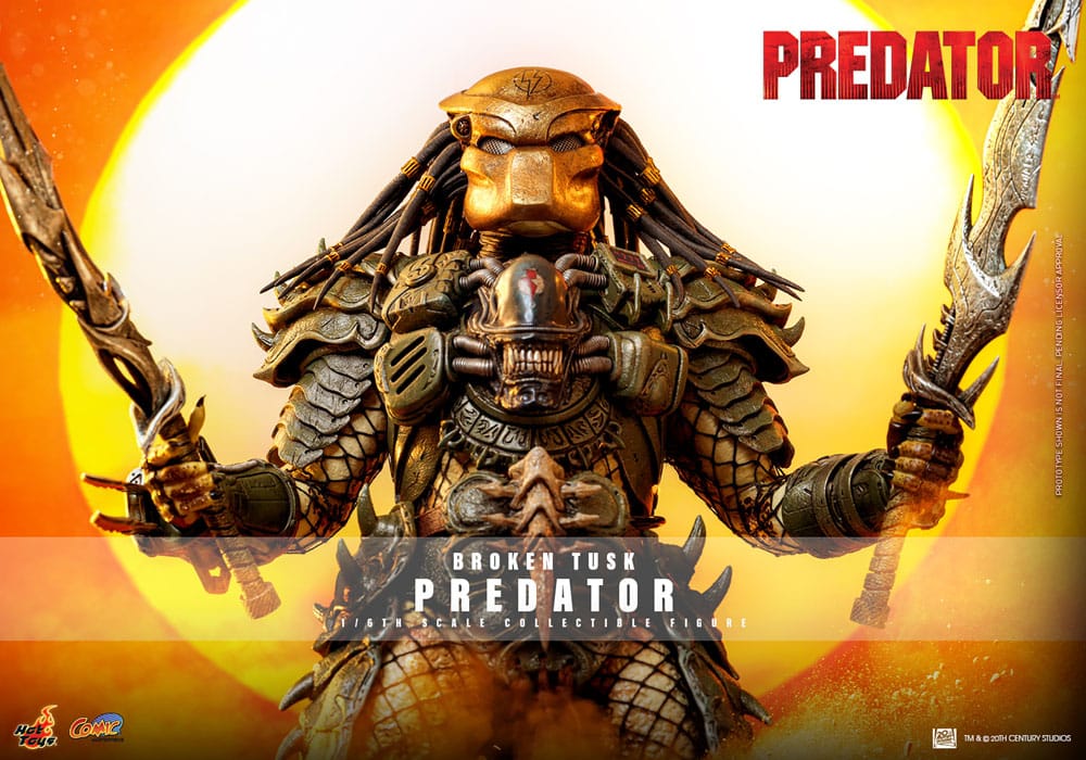 Hot Toys Broken Tusk Predator promo banner with double-bladed sword split into two